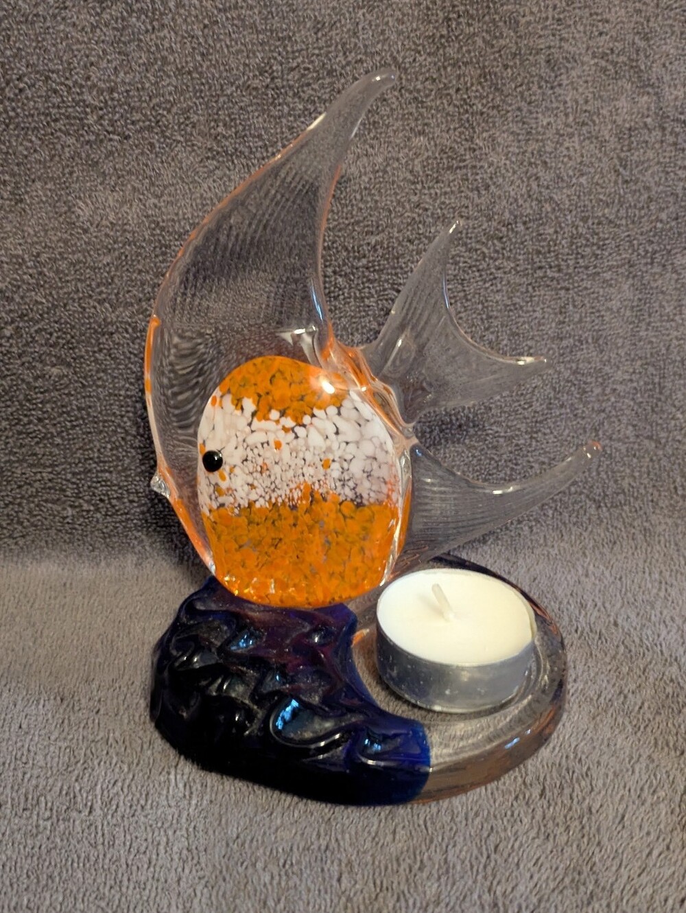 Candle Tealight Holder Art Glass Orange & Clear Angelfish Tealight Holder